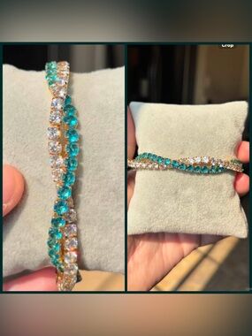 Gold Tennis Bracelet with Blue-Green and Clear Stones